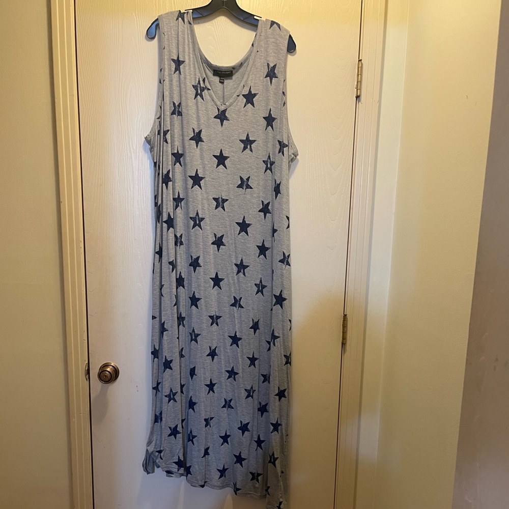 Lane Bryant Gray and Blue Knit Maxi with asymmetric hem. Side slit w/ tie. 26/28
